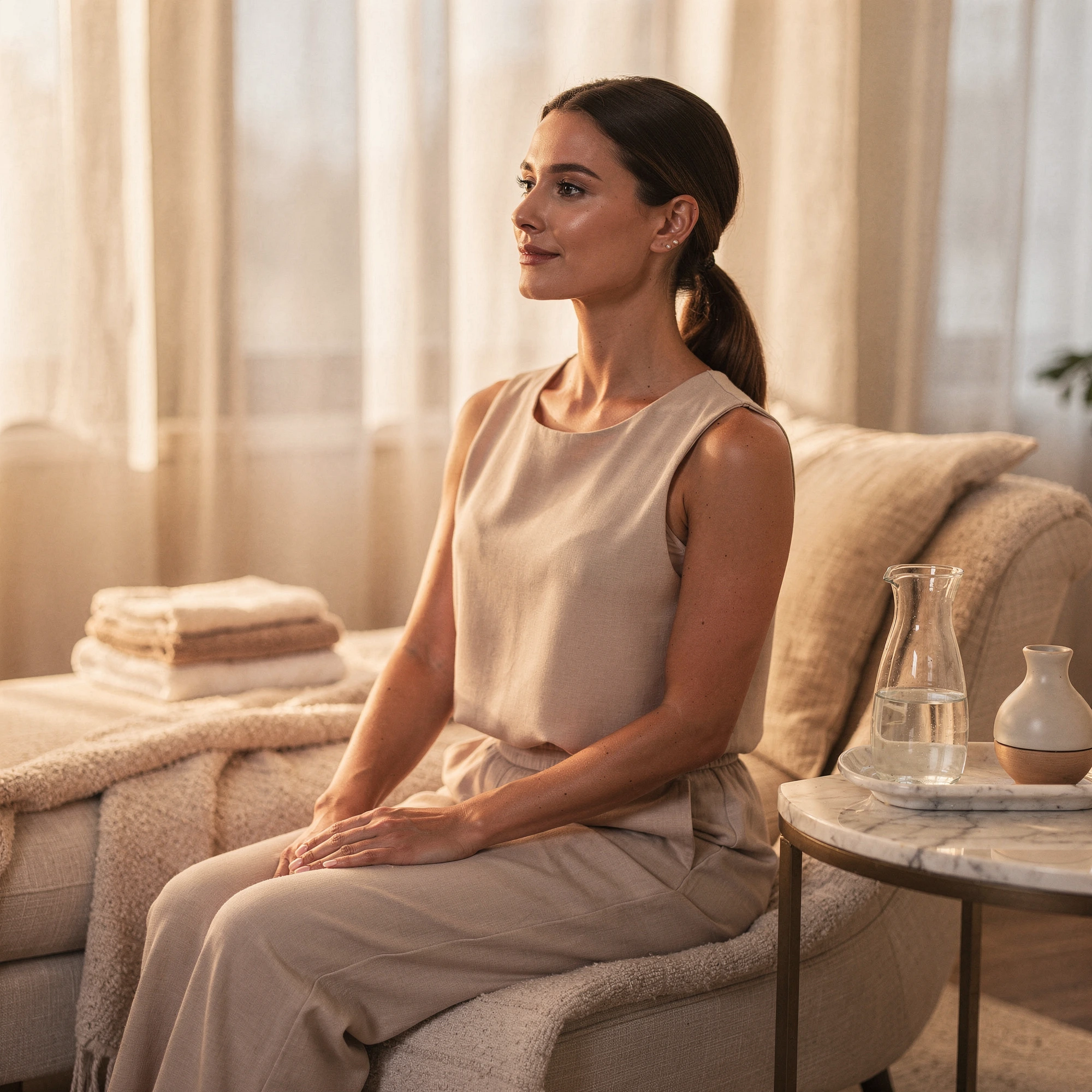 Woman sitting on a couch in a bright, neutral-toned bedroom setting